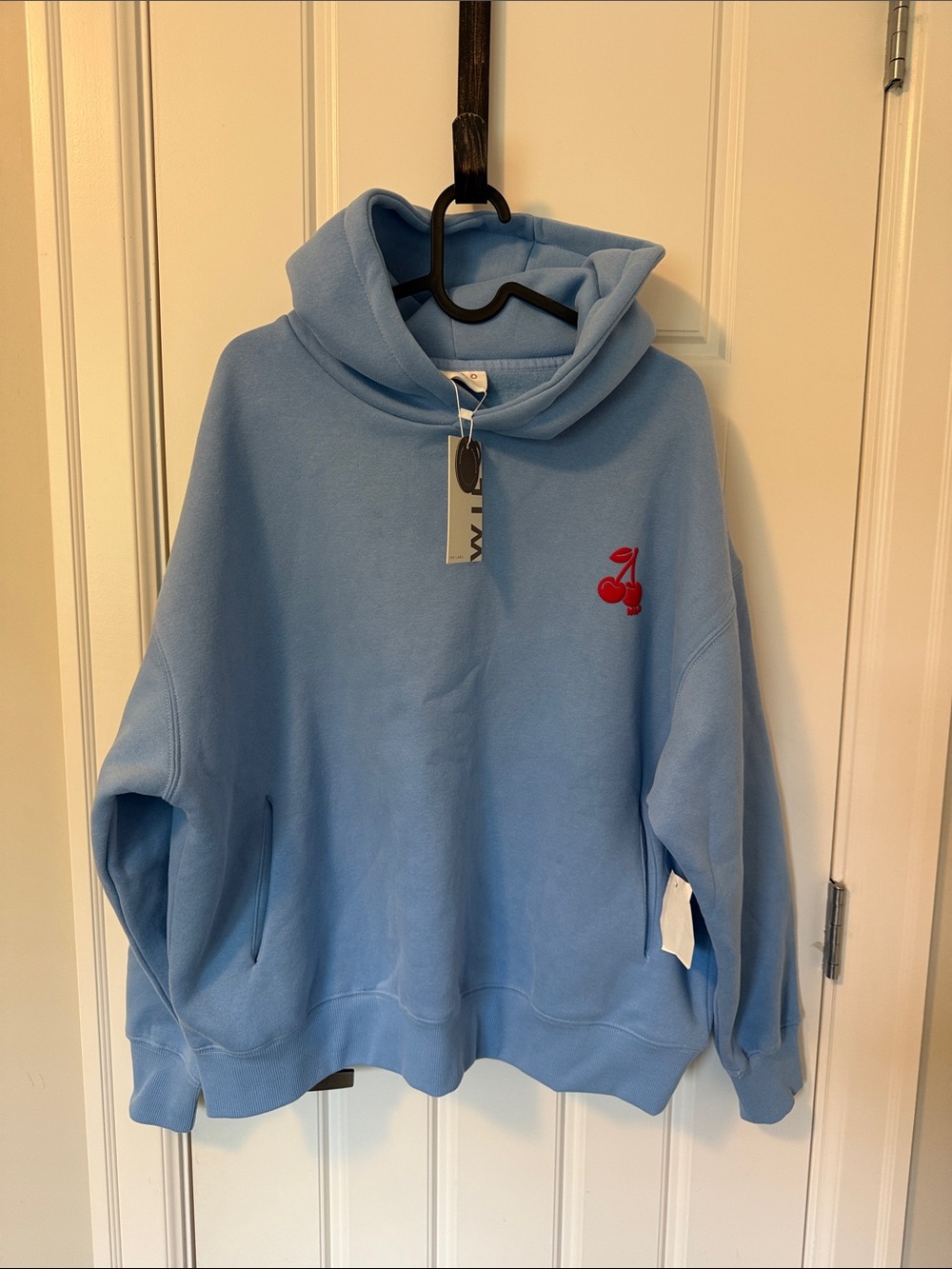 Light Blue Cherry-Embroidered Turtleneck Hoodie Sweater